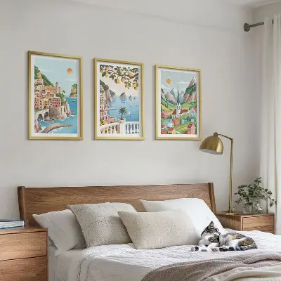 Conjunto de quadros para sala de estar com estampas de paisagens, mar e frutas cítricas