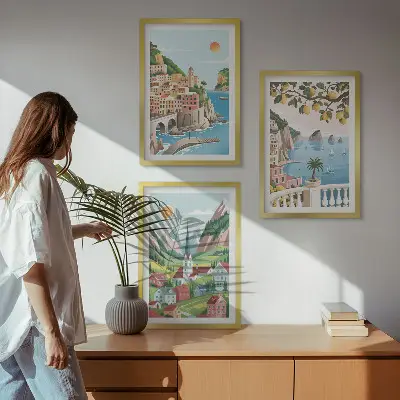 Conjunto de quadros para sala de estar com estampas de paisagens, mar e frutas cítricas