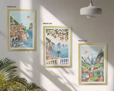 Conjunto de quadros para sala de estar com estampas de paisagens, mar e frutas cítricas