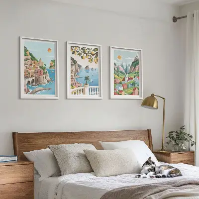 Conjunto de quadros para sala de estar com estampas de paisagens, mar e frutas cítricas