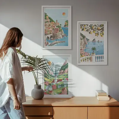 Conjunto de quadros para sala de estar com estampas de paisagens, mar e frutas cítricas
