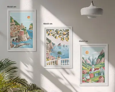 Conjunto de quadros para sala de estar com estampas de paisagens, mar e frutas cítricas