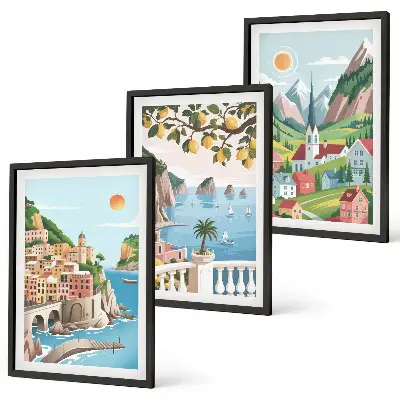 Conjunto de quadros para sala de estar com estampas de paisagens, mar e frutas cítricas