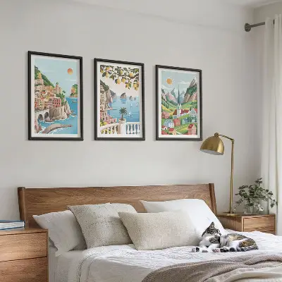 Conjunto de quadros para sala de estar com estampas de paisagens, mar e frutas cítricas