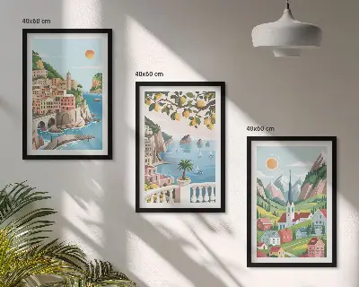 Conjunto de quadros para sala de estar com estampas de paisagens, mar e frutas cítricas
