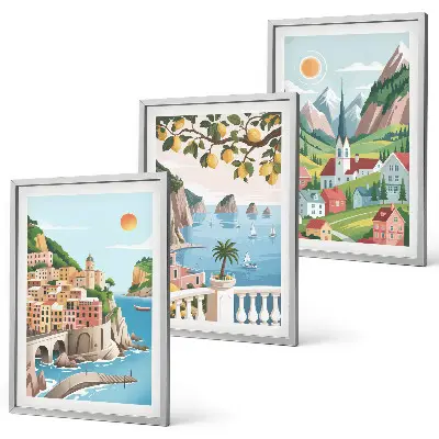 Conjunto de quadros para sala de estar com estampas de paisagens, mar e frutas cítricas