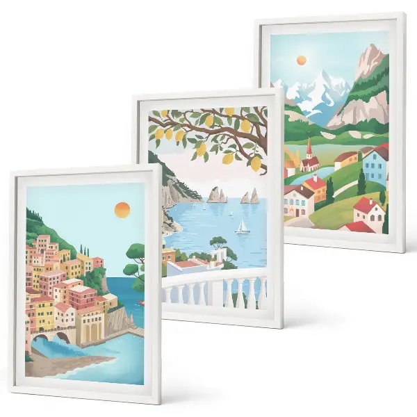 Conjunto de quadros decorativos modernos vistas de praia em tons pastel