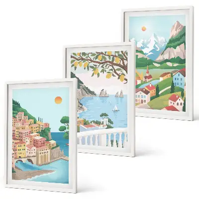 Conjunto de quadros decorativos modernos vistas de praia em tons pastel