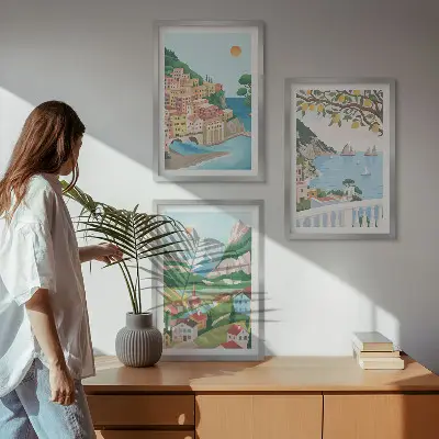 Conjunto de quadros decorativos modernos vistas de praia em tons pastel