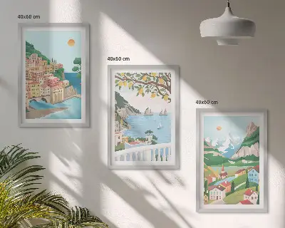 Conjunto de quadros decorativos modernos vistas de praia em tons pastel