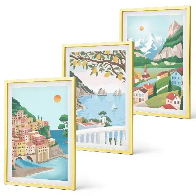 Conjunto de quadros decorativos modernos vistas de praia em tons pastel