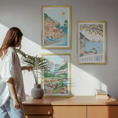 Conjunto de quadros decorativos modernos vistas de praia em tons pastel