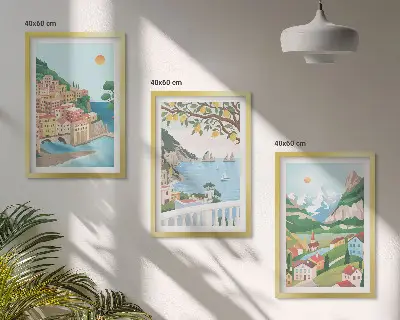 Conjunto de quadros decorativos modernos vistas de praia em tons pastel