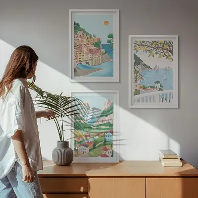 Conjunto de quadros decorativos modernos vistas de praia em tons pastel