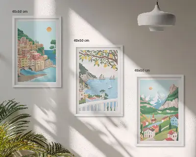 Conjunto de quadros decorativos modernos vistas de praia em tons pastel