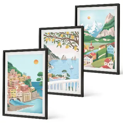Conjunto de quadros decorativos modernos vistas de praia em tons pastel