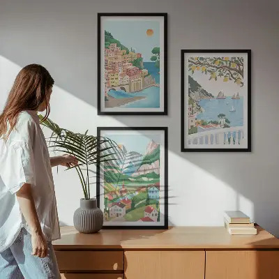 Conjunto de quadros decorativos modernos vistas de praia em tons pastel
