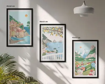 Conjunto de quadros decorativos modernos vistas de praia em tons pastel