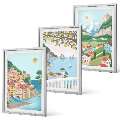 Conjunto de quadros decorativos modernos vistas de praia em tons pastel