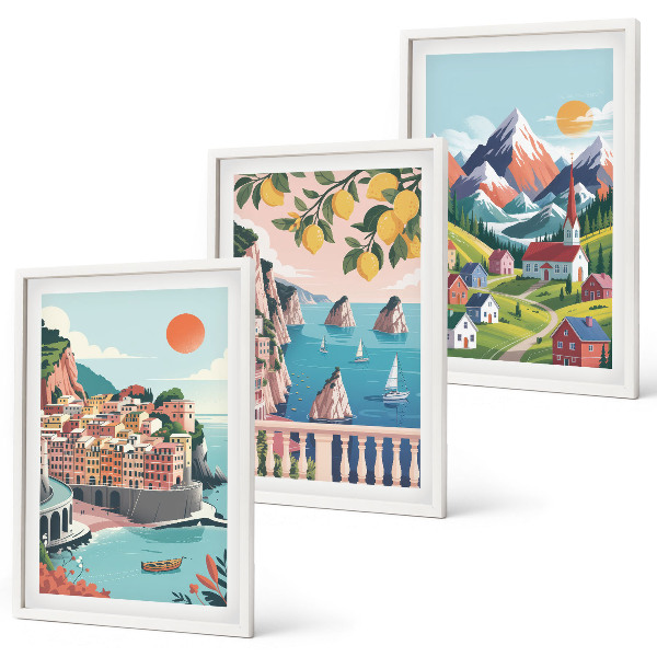 Conjunto de 3 quadros com moldura Montanhas e cidades coloridas