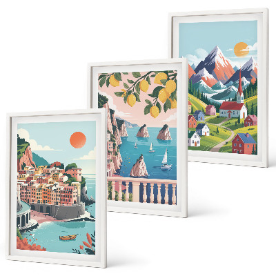 Conjunto de 3 quadros com moldura Montanhas e cidades coloridas