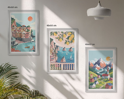 Conjunto de 3 quadros com moldura Montanhas e cidades coloridas