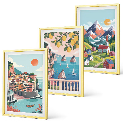 Conjunto de 3 quadros com moldura Montanhas e cidades coloridas