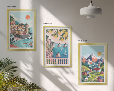 Conjunto de 3 quadros com moldura Montanhas e cidades coloridas