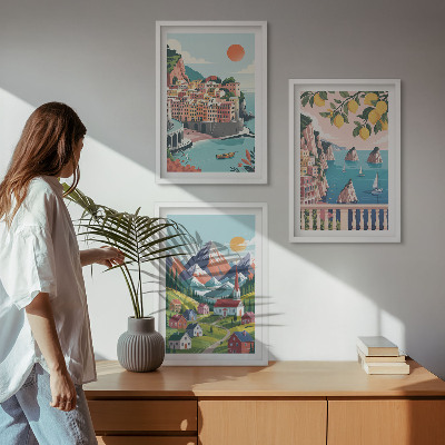 Conjunto de 3 quadros com moldura Montanhas e cidades coloridas