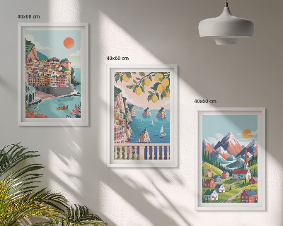 Conjunto de 3 quadros com moldura Montanhas e cidades coloridas