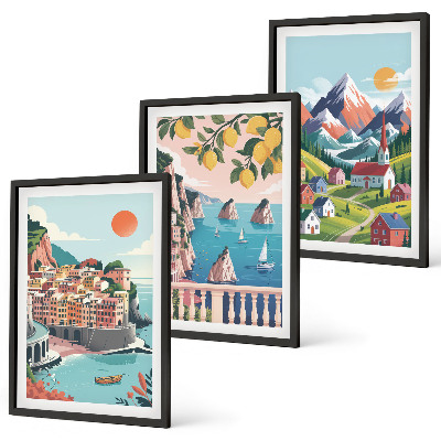 Conjunto de 3 quadros com moldura Montanhas e cidades coloridas