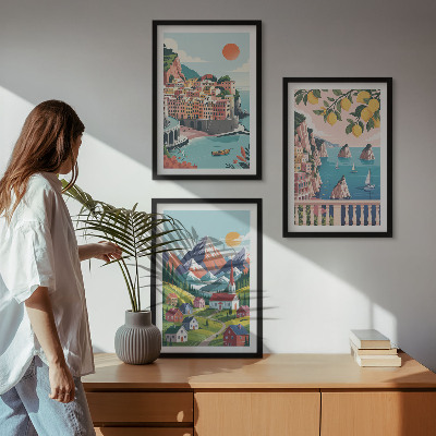 Conjunto de 3 quadros com moldura Montanhas e cidades coloridas
