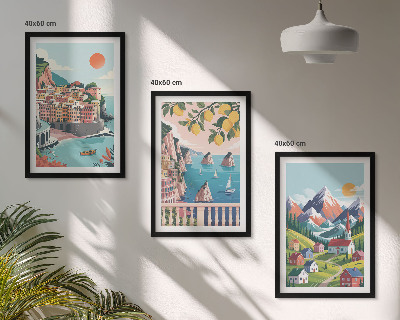 Conjunto de 3 quadros com moldura Montanhas e cidades coloridas