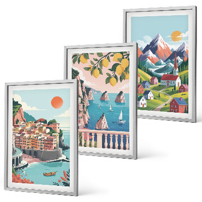 Conjunto de 3 quadros com moldura Montanhas e cidades coloridas