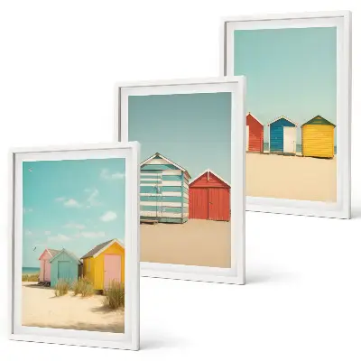 Conjunto de quadros para sala de estar com casas coloridas, praia e sol
