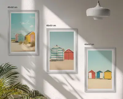 Conjunto de quadros para sala de estar com casas coloridas, praia e sol