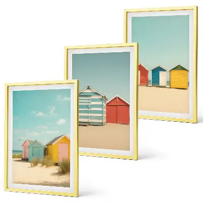Conjunto de quadros para sala de estar com casas coloridas, praia e sol