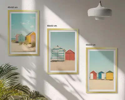 Conjunto de quadros para sala de estar com casas coloridas, praia e sol