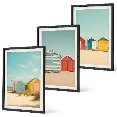 Conjunto de quadros para sala de estar com casas coloridas, praia e sol