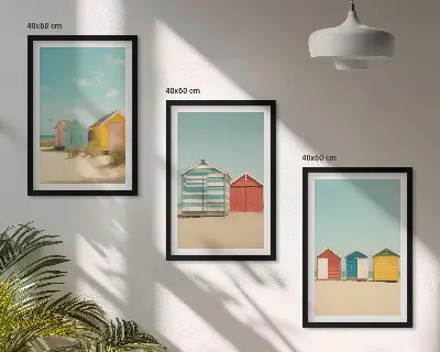 Conjunto de quadros para sala de estar com casas coloridas, praia e sol