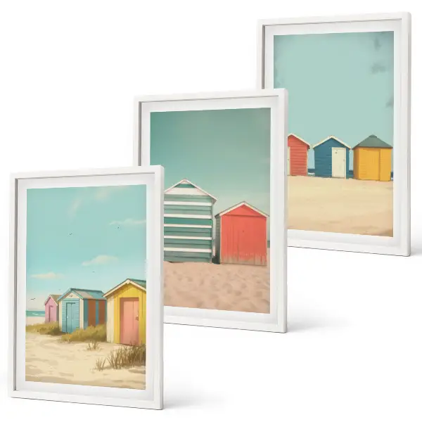 Composição de quadros moderna com casas coloridas na praia com sol