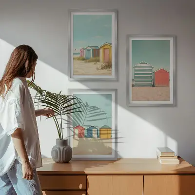 Composição de quadros moderna com casas coloridas na praia com sol