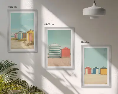 Composição de quadros moderna com casas coloridas na praia com sol