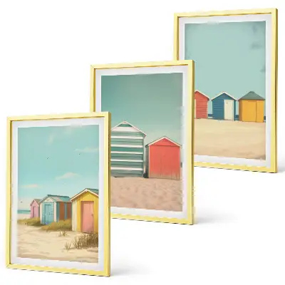 Composição de quadros moderna com casas coloridas na praia com sol