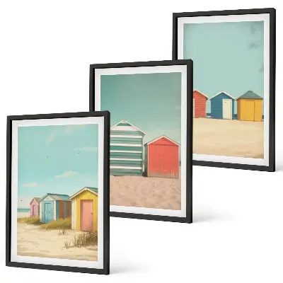 Composição de quadros moderna com casas coloridas na praia com sol