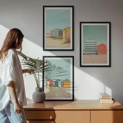 Composição de quadros moderna com casas coloridas na praia com sol