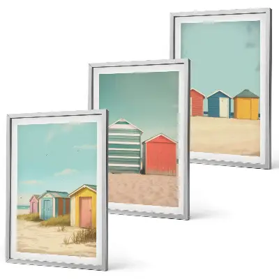 Composição de quadros moderna com casas coloridas na praia com sol