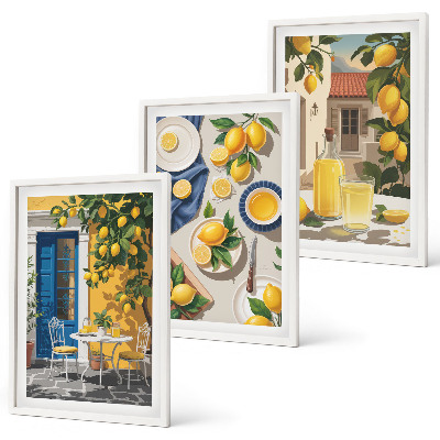 Conjunto de 3 quadros com moldura Jardim de Limões com Bebidas