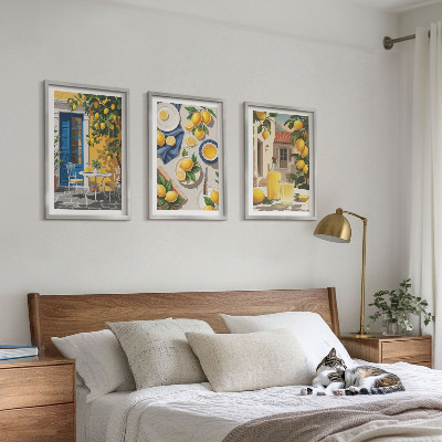 Conjunto de 3 quadros com moldura Jardim de Limões com Bebidas