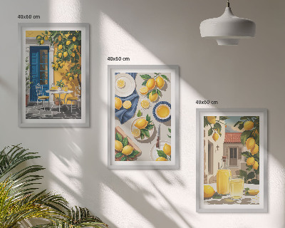 Conjunto de 3 quadros com moldura Jardim de Limões com Bebidas